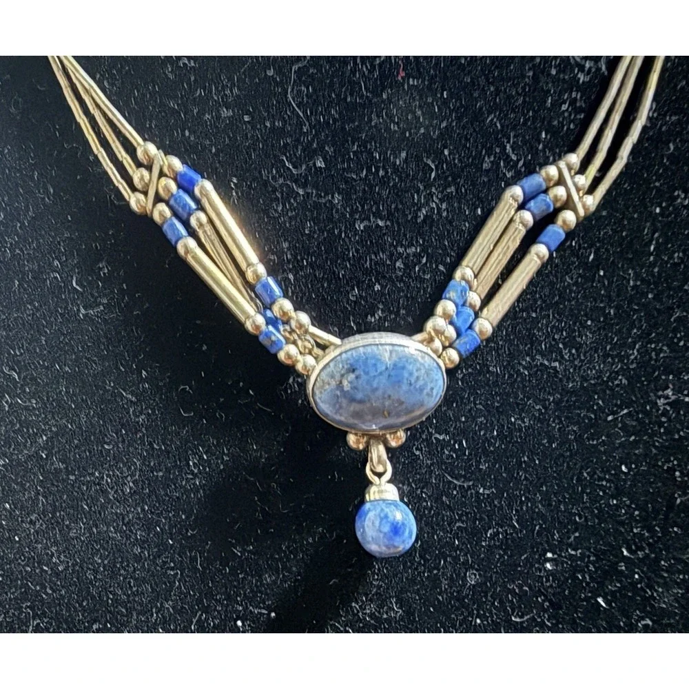 Vintage 70s / 80s Multi Strand Liquid Silver and Lapis Lazuli Q.T. Necklace 925